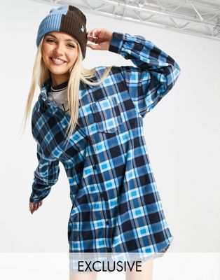 mixed check printed fleece oversize mini shirt dress-Multi