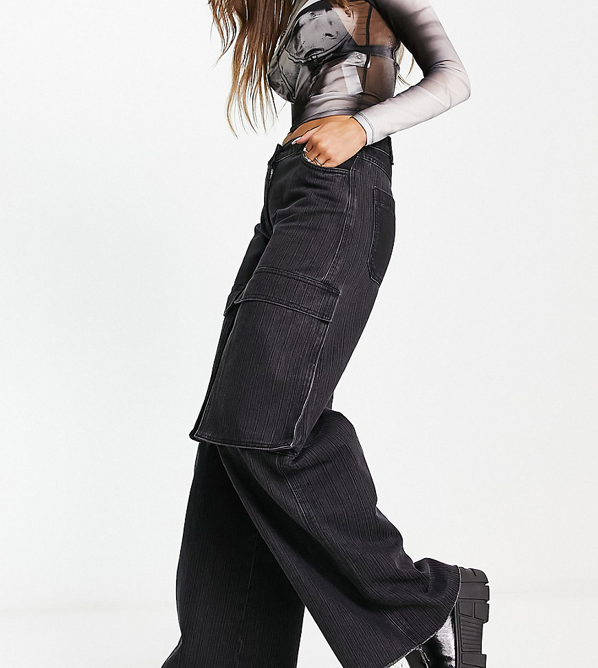 COLLUSION mixed fabric wide leg cargo trousers in washed black-Grey