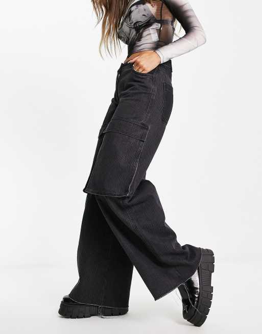 COLLUSION mixed fabric wide leg cargo trousers in washed black