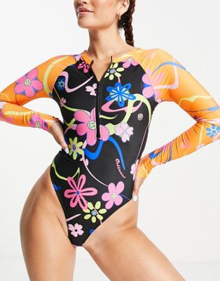 COLLUSION mixed floral long sleeve swimsuit with zip front in multi