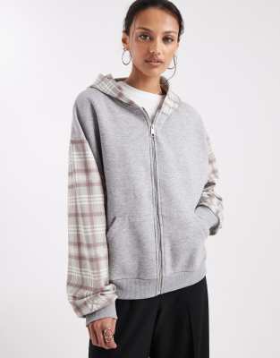 Collusion Mixed Plaid Zip-up Hoodie In Gray