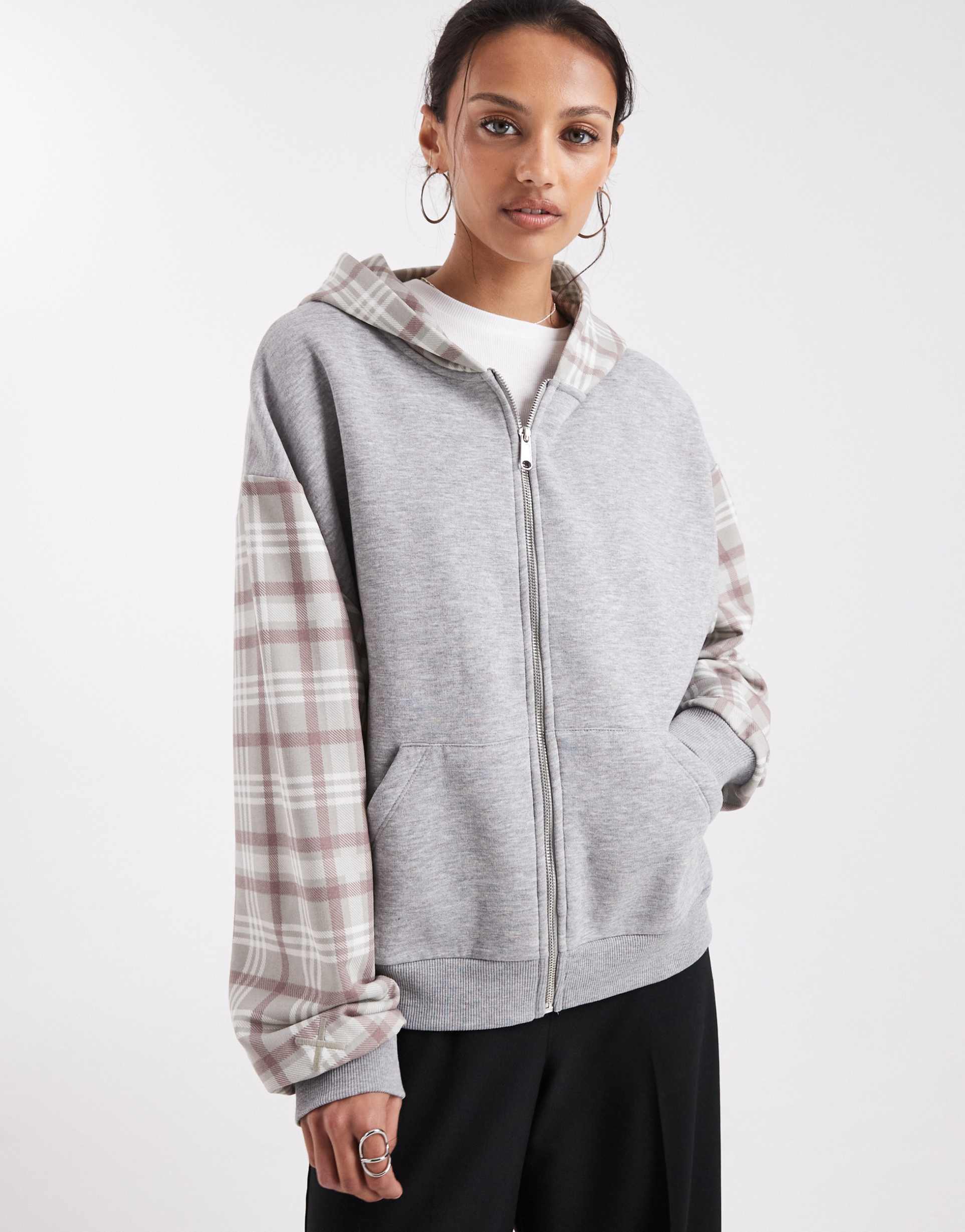 collusion mixed plaid zip-up hoodie in gray