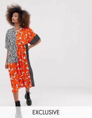 collusion mixed print smock dress