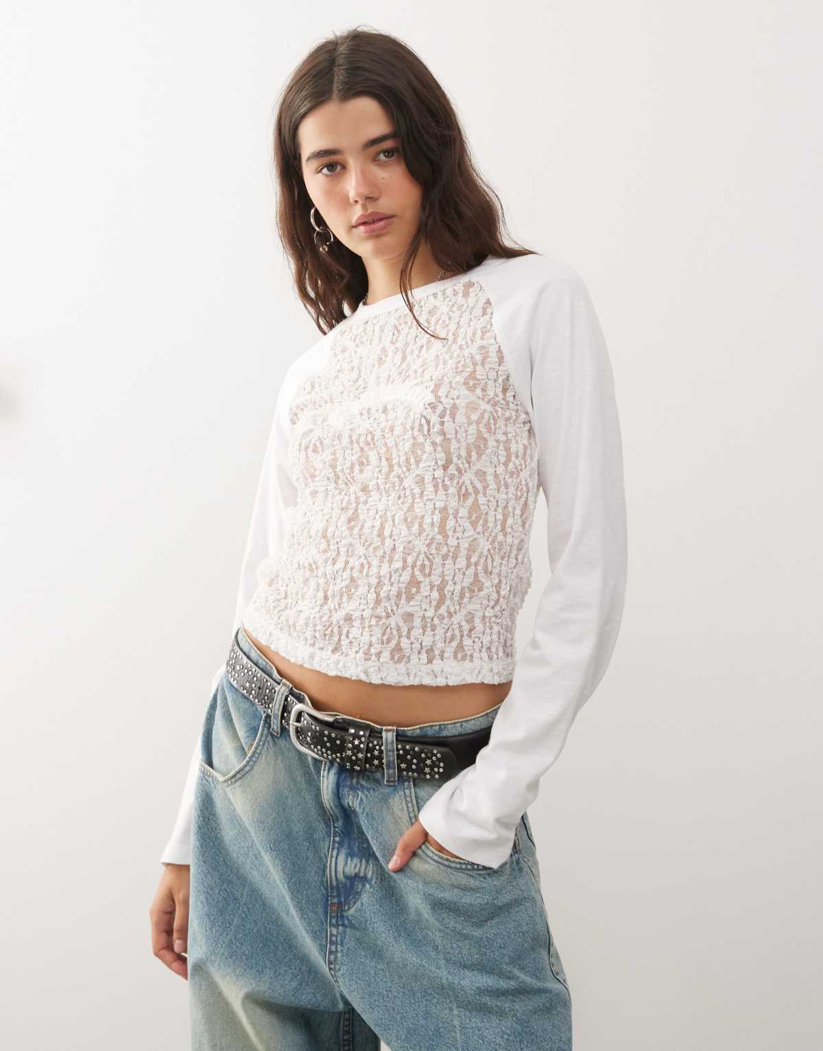COLLUSION mixed texture lace raglan t-shirt