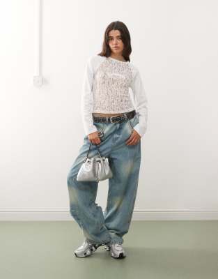 Collusion Mixed Textures Lace Raglan T-shirt-white In White