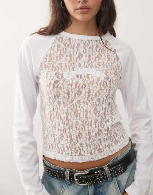 COLLUSION mixed textures lace raglan t-shirt, 4 of 4