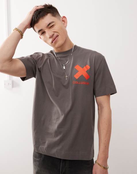 COLLUSION – Mörkgrå t-shirt med orange tryck och X-logga - view 1