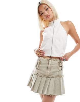 Collusion Motocross Denim Halter Top In White