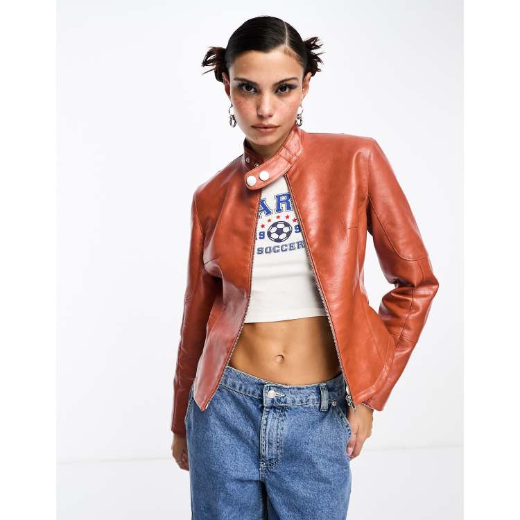 COLLUSION motocross faux leather cropped biker jacket in burnt orange ASOS