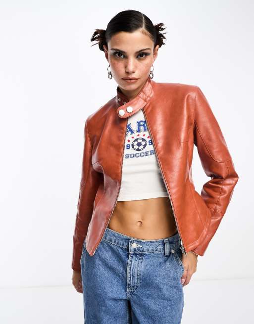 COLLUSION motocross faux leather cropped biker jacket in burnt 