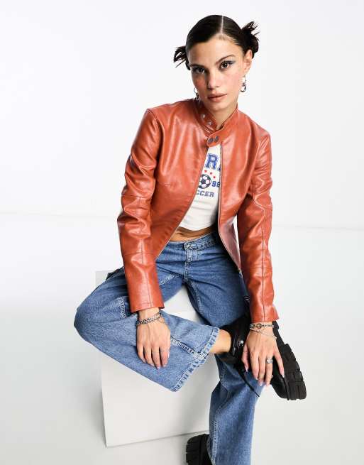 Orange leather hot sale biker jacket