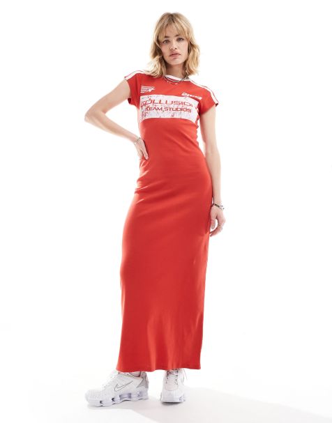 COLLUSION motocross fitted maxi dress in red - view 1