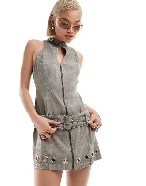 COLLUSION – Motocross-Minikleid aus grauem Twill mit Ösendetail - view 1