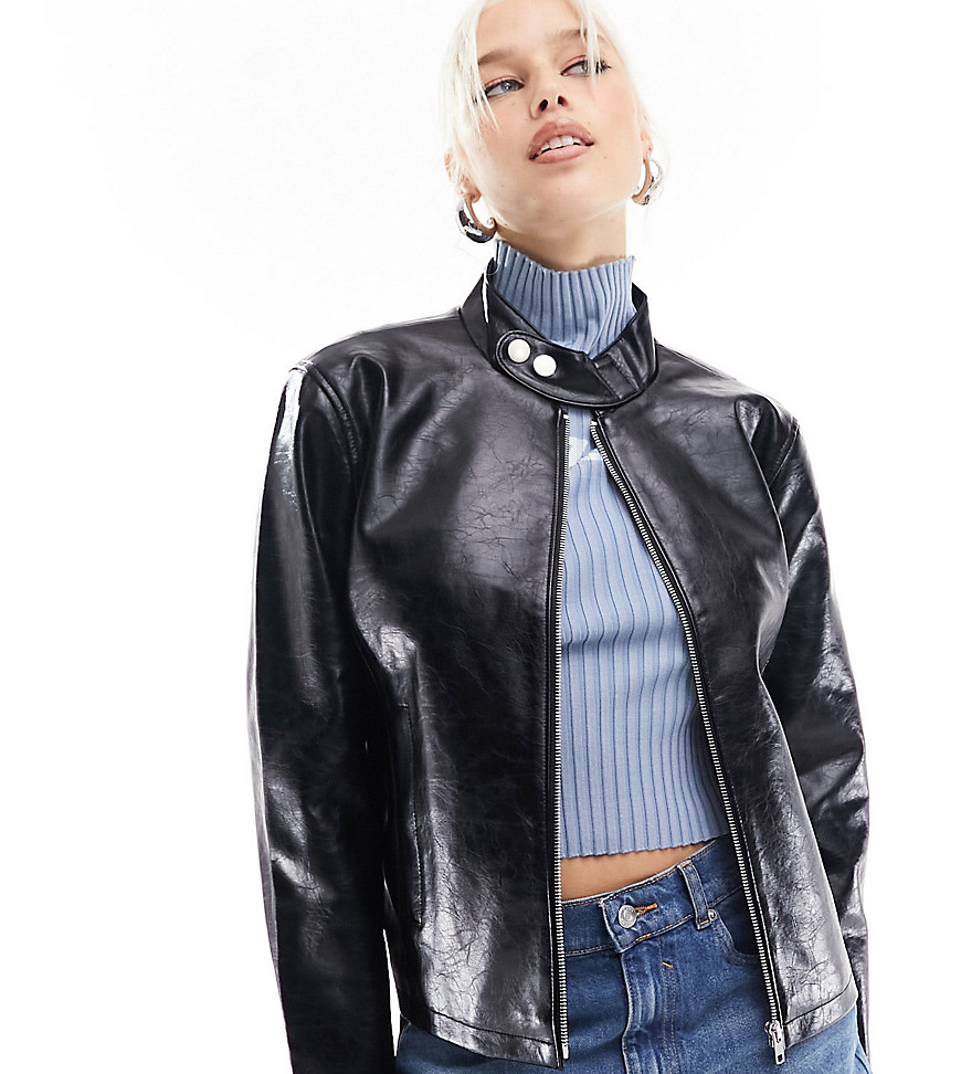 COLLUSION motocross style faux leather biker jacket in black