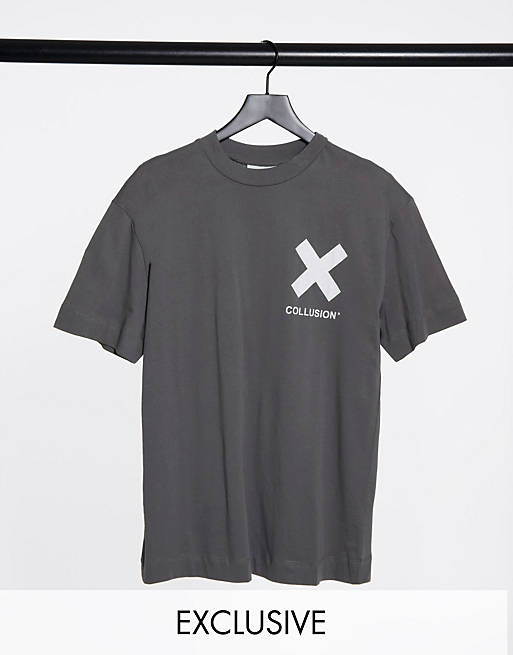 COLLUSION - Mørkegrå unisex T-shirt med logo i økologisk bomuld