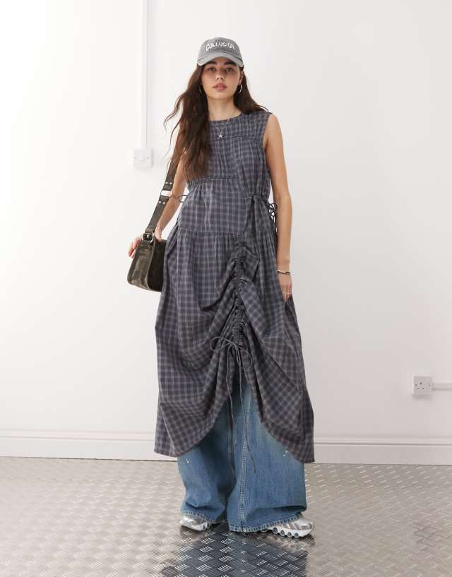 COLLUSION multi channel check maxi dress in gray | ASOS