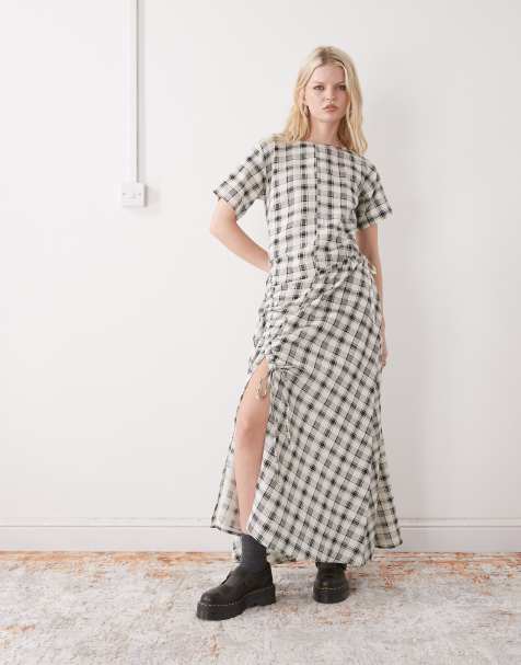 COLLUSION multi channel detail maxi dress in neutral plaid - view 1