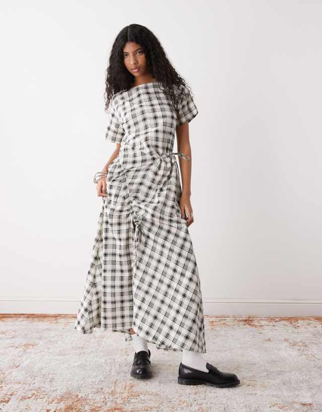 grey and white plaid dress COLLUSION multi channel detail maxi in neutral Engagement-Party