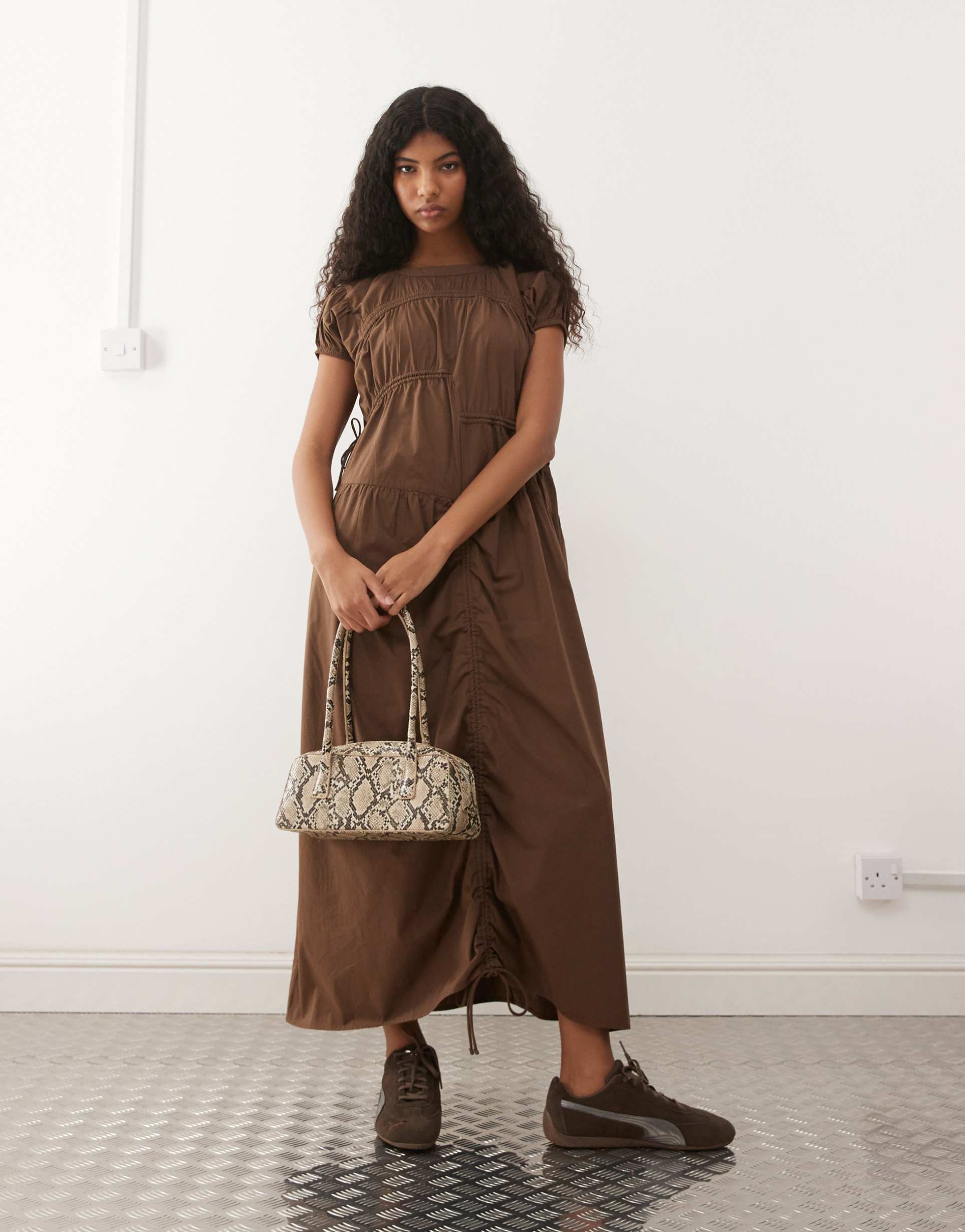 collusion multi channel short sleeve midi dress in brown