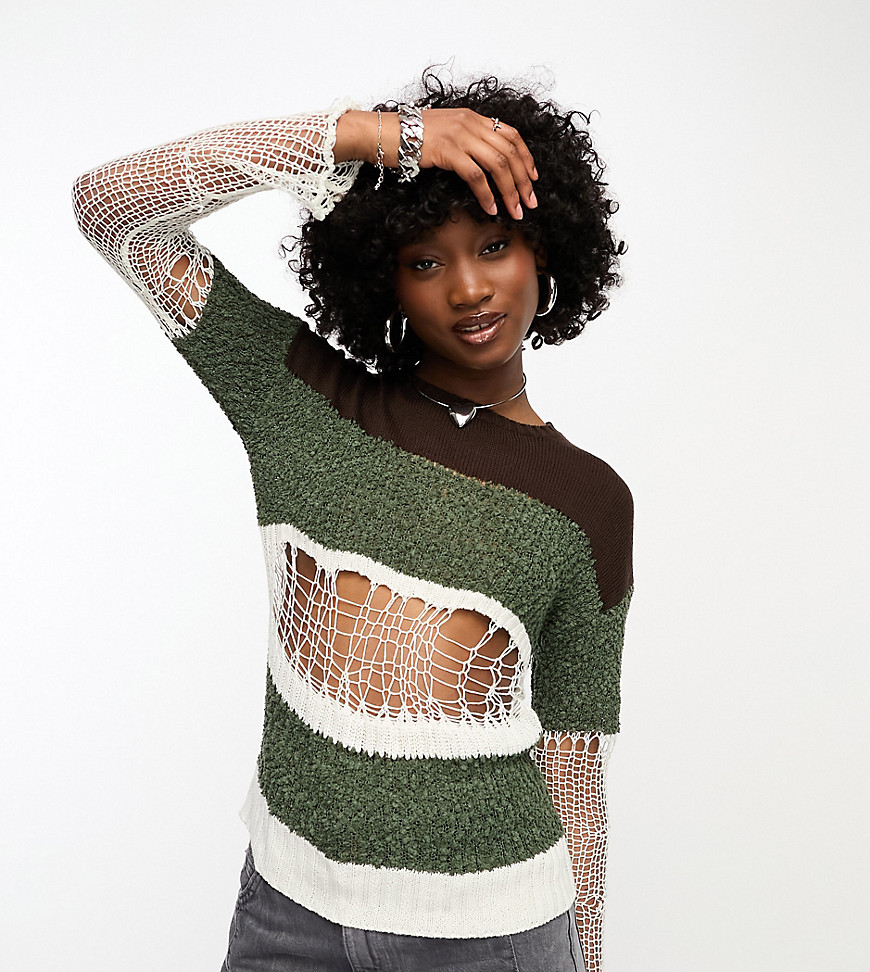 COLLUSION multi-knit stripe jumper with ladder detail in green and white