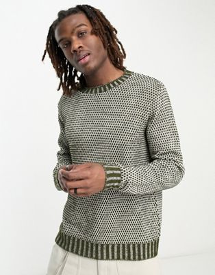 COLLUSION multi-stitch knitted crewneck jumper in khaki and white