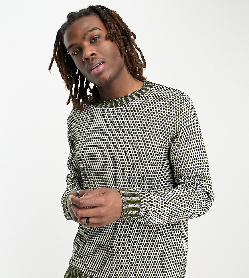 COLLUSION multi-stitch knitted crewneck jumper in khaki and white