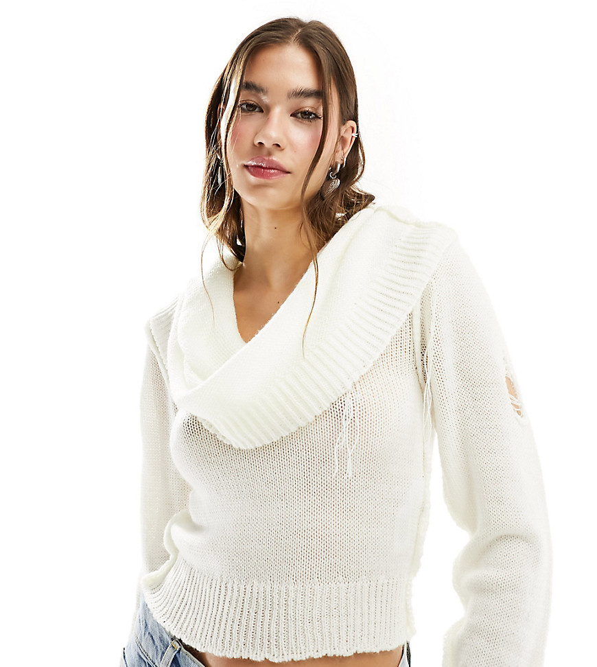 COLLUSION multi-wear knitted jumper top with distressing in ecru-White