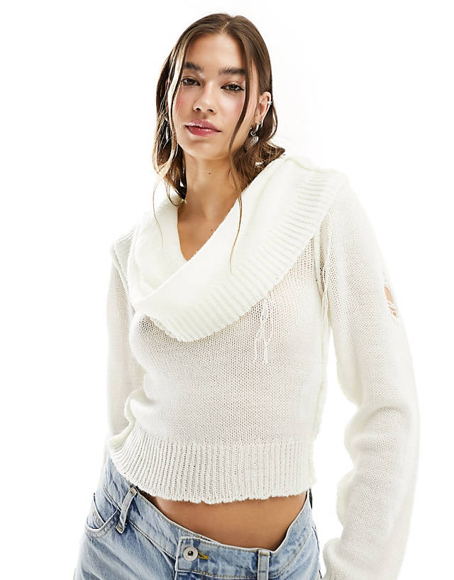 Collusion - multi-wear knitted jumper top with distressing in ecru
