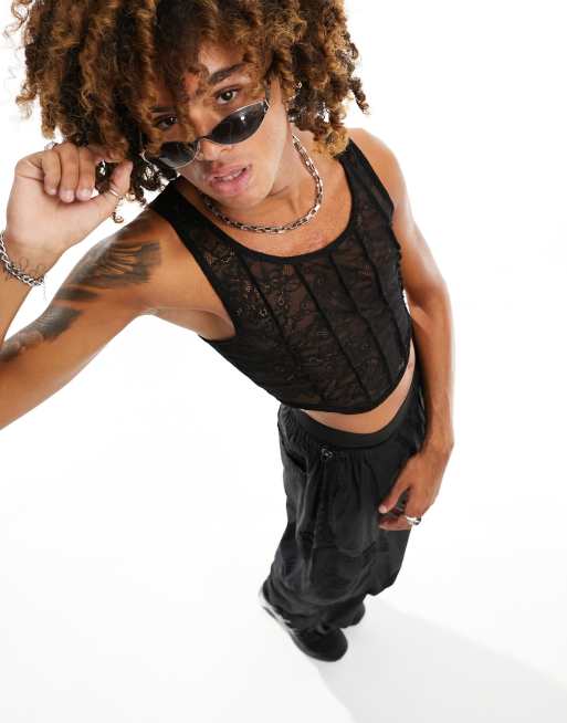 COLLUSION Muscle corset tank top in black lace 