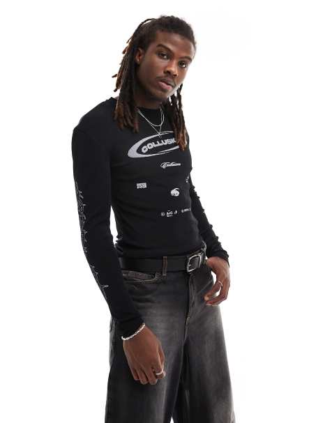COLLUSION muscle fit long sleeve graphic top in black - view 1
