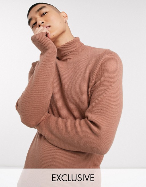 COLLUSION muscle fit roll neck jumper in camel