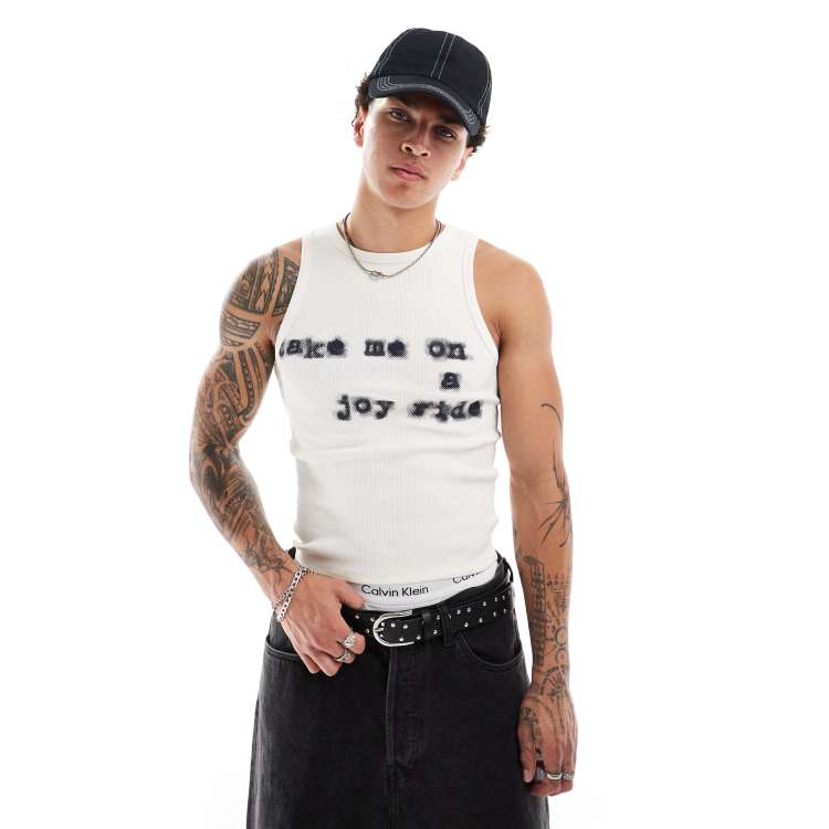 COLLUSION Muscle ribbed tank top in ecru with joyride print