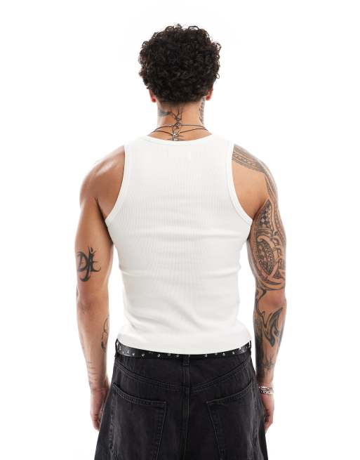 COLLUSION Muscle ribbed tank top in ecru with joyride print