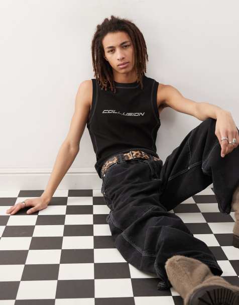 COLLUSION muscle tank top in black with metallic logo - view 1