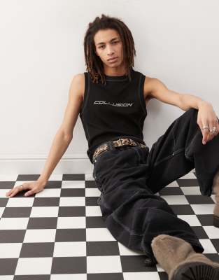 Collusion COLLUSION muscle vest in black with metallic logo