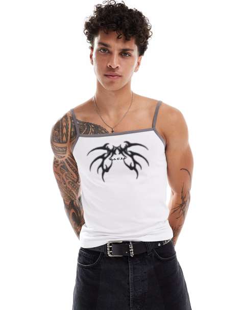 COLLUSION – Muskelshirt in Weiß mit eckigem Ausschnitt und Tattooprint - view 1