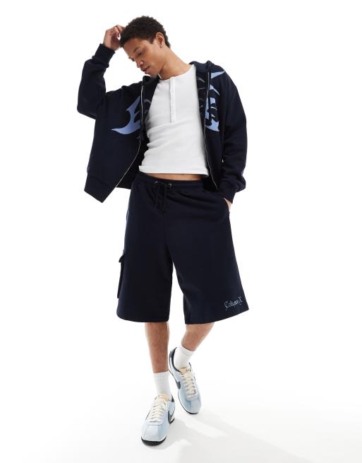 COLLUSION navy blue skater longline shorts with emblem (part of a set)