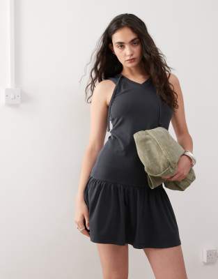 Collusion COLLUSION Neck detail drop waist ruffle dress in black