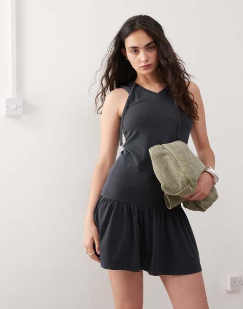 COLLUSION neck detail dropped waist ruffle dress in black - view 1