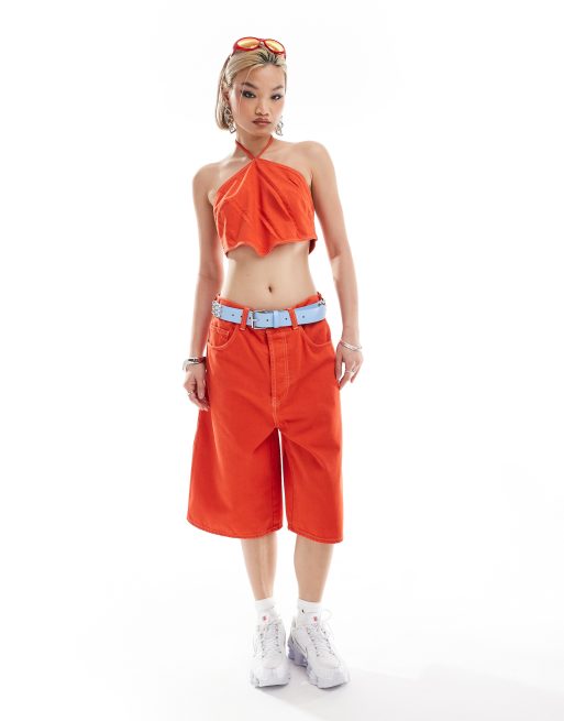 COLLUSION – Neckholder-Oberteil aus Denim in Orange mit abgesetzten Nähten, Kombiteil, 4 von 4