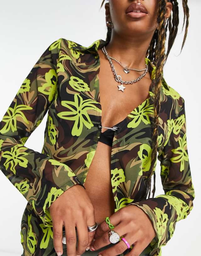 COLLUSION neon floral open front shirt with pin opening in camo