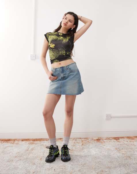 COLLUSION raw hem denim mini skirt in midwash