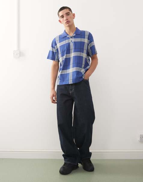 COLLUSION slim boxy polo in blue check