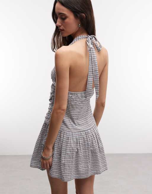 COLLUSION – Niebieska sukienka mini w kratę z dekoltem typu halter, 4 z 4