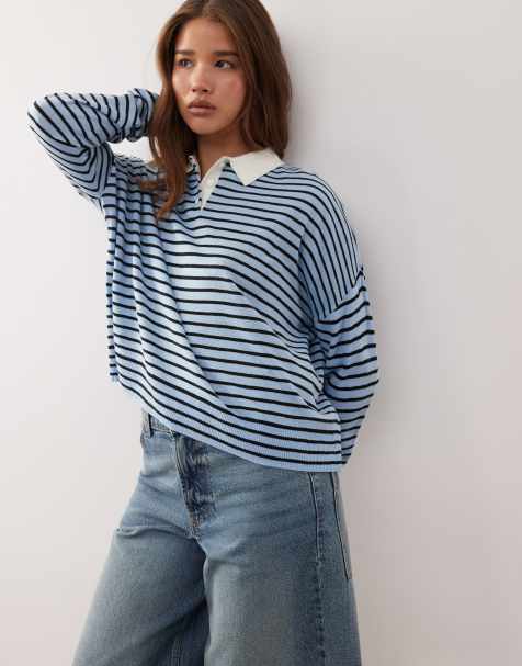 COLLUSION knitted stripe polo jumper in blue
