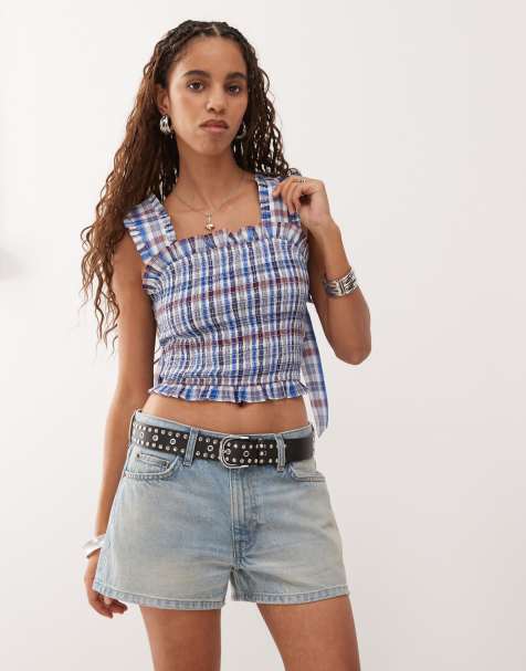 COLLUSION shirred check cami top in blue check