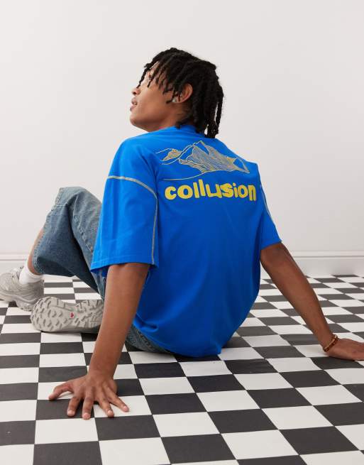 COLLUSION – Niebieski T-shirt oversize z nadrukiem i płaskimi szwami, 2 z 4