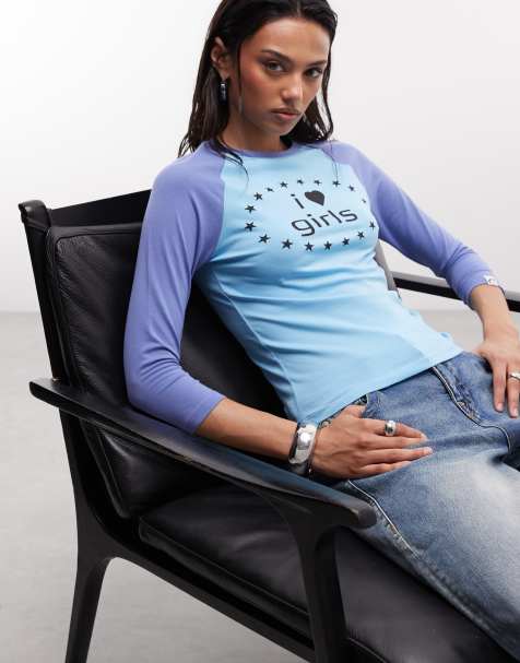 COLLUSION – Niebieski T-shirt z rękawami 3/4 i napisem „I love girls” - view 1