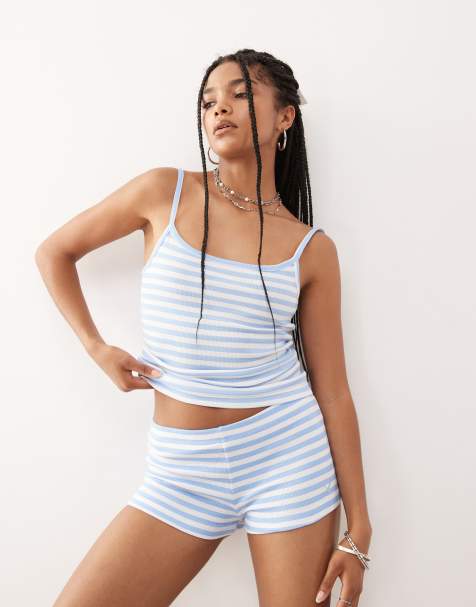 COLLUSION stripe micro short coord in blue and white