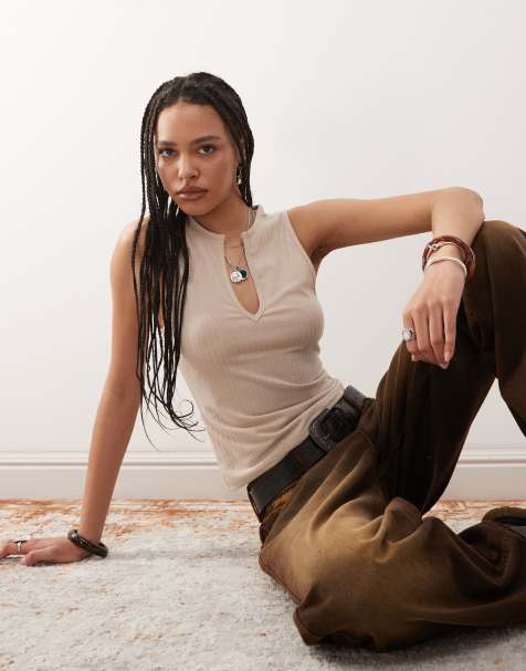 COLLUSION notch front rib detail vest in stone - view 1